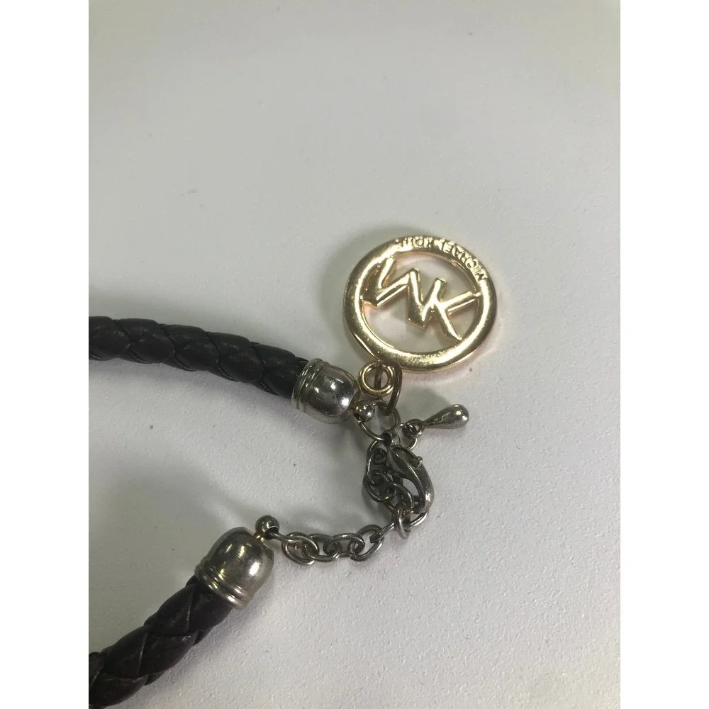 Michael Kors Black Braided Leather MK Logo Charm Bracelet Gold Silver Tone